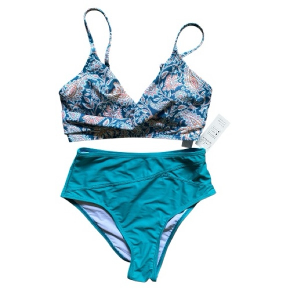 NWT Cupshe Teal High-Waist Bikini Set with Paisley Bralette Top